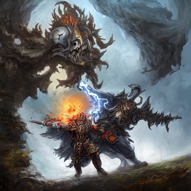 Image similar to skull warrior fights air elemental over a hill, fantasy, high detail, artstation