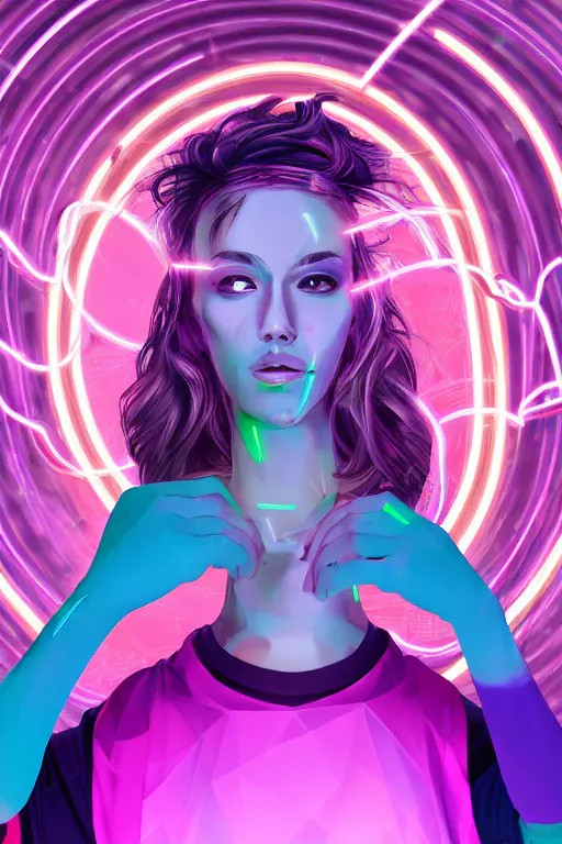 Image similar to a award winning half body portrait of a beautiful woman in a croptop and cargo pants with ombre purple pink teal hairstyle and hands in pockets by ari liloan, surrounded by whirling illuminated lines, outrun, vaporware, digital art, trending on artstation, highly detailed, fine detail, intricate
