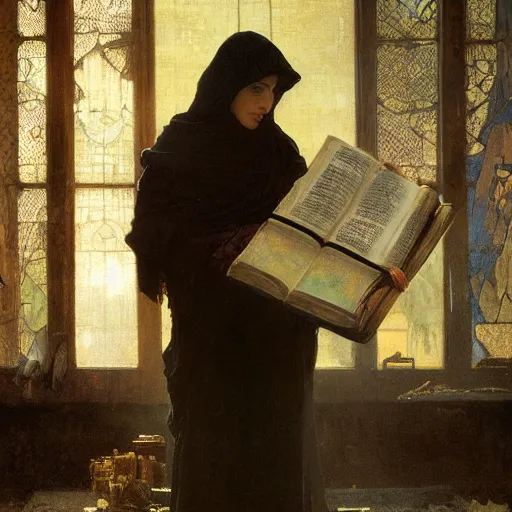 Image similar to half portait of magican wearing a closed cowl with big old book!, jeremy mann, jean leon gerome, alphonse mucha, greg rutkowski, ( ( ruins of ancient rome ) ), at dusk, mysterious atmosphere, sunrays, dof, masterpiece, high detailed, 8 k