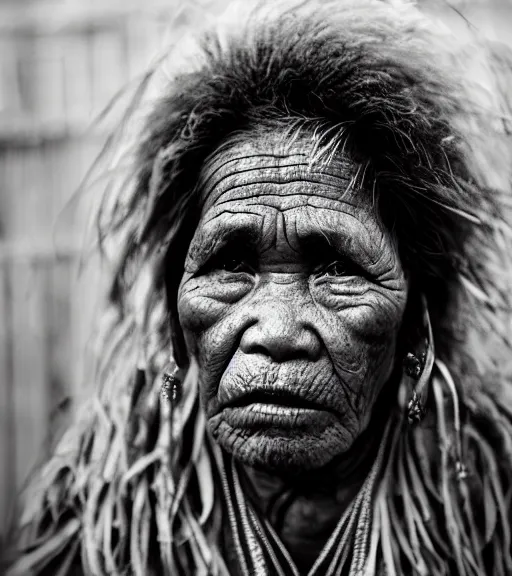 Prompt: Award winning reportage photo of Palau Native Elders with incredible hair and beautiful hyper-detailed eyes wearing traditional garb by Lee Jeffries, 85mm ND 5, perfect lighting, gelatin silver process