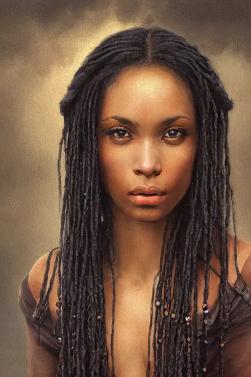 Prompt: breathtaking detailed soft painting of a full shot of sexy black girl in leather, with long hair and piercing eyes, in a medieval castle plaza at twilight, symmetrical realistic facial features, rembrandt style, elegant, highly detailed, artstation, concept art, matte, sharp focus, art by tom bagshaw, kelogsloops and greg rutkowski