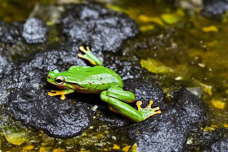 Prompt: a frog made out of lava hopping into a pond, nature photo 85mm