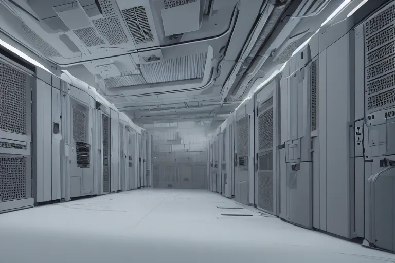 Prompt: parallax datacenter server room single mono colossus white rusty android roboman in artstation cinematic detailed concept art volumetric light sharp coherent cgsociety very very realistic