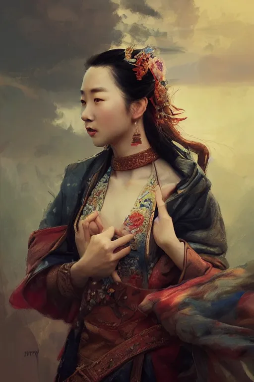 Image similar to princess portrait painted bu huang guang jiang, hgj art, oil painting, sunlit, paint texture, digital painting, highly detailed, artstation, sharp focus, illustration, concept art, ruan jia, charlie bowater, tom bagshaw, norman rockwell