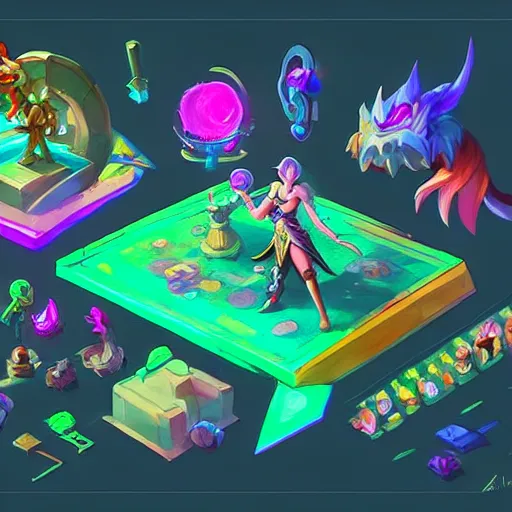 Image similar to Concept art of the new League of Legends Champion on Summoner's Rift, Isometric, Digital Painting, Bright Colors, Trending on Artstation, Character Reference Sheet