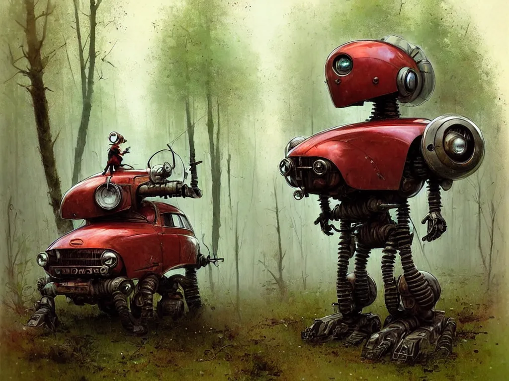 Image similar to adventurer ( ( ( ( ( 1 9 5 0 s retro future robot vehical in the forrest. muted colors. swamps ) ) ) ) ) by jean baptiste monge!!!!!!!!!!!!!!!!!!!!!!!!! chrome red