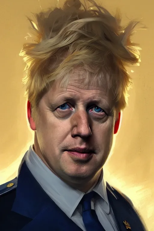 Image similar to Boris Johnson as a NATO commander, visible face, realistic portrait, gold and blue, highly detailed, digital painting, artstation, concept art, smooth, sharp focus, illustration, cinematic lighting, art by artgerm and greg rutkowski and alphonse mucha