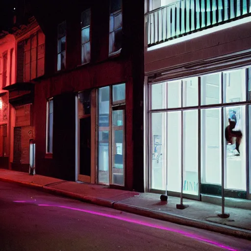 Prompt: now we creep through streets every night, through the windows, leaning out the sides. colored gel lighting, portra, film grain, 2 5 mm, anamorphic, downtown oakland. photographed by grant spanier for i - d.