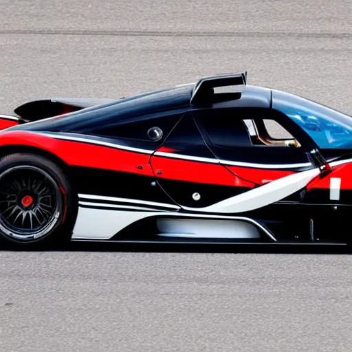 Prompt: Black with red striped Pagani Zonda R cornering on a racetrack, wide view