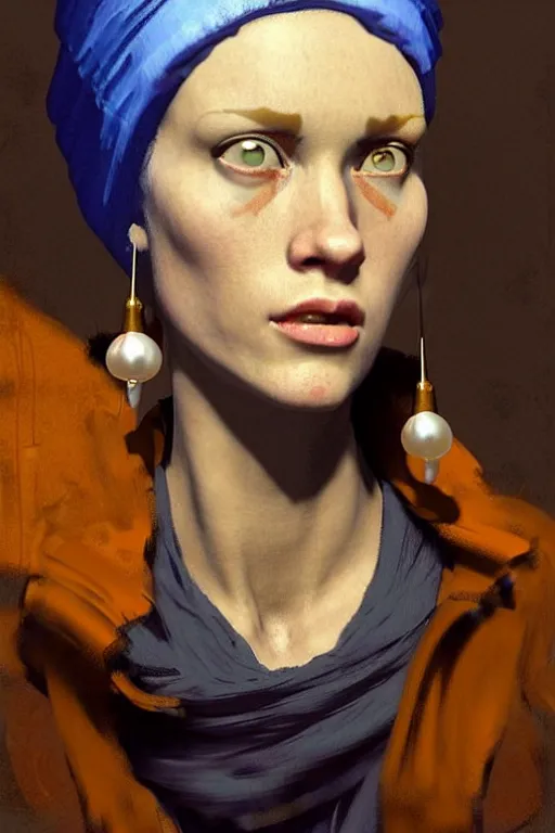 Image similar to full character portrait not the girl with the pearl earring in the style of half - life 2 team fortress 2 scout video game character art character design, painting by gaston bussiere, katsuya terada, nc wyeth, greg rutkowski, craig mullins, vermeer, frank frazetta, mucha, tom of finland, trending on artstation, jeffery catherine jones