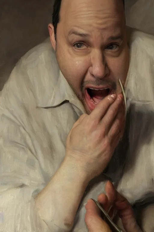 Image similar to jason alexander stubbing his toe, oil on canvas, intricate, portrait, 8 k highly professionally detailed, hdr, cgsociety