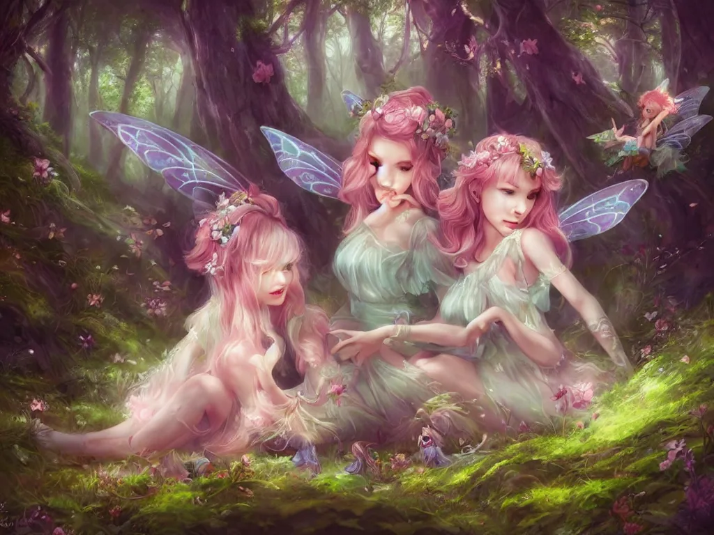 Image similar to two cute fairy in the dreamy forest, fantasy, dreamlike, 8 k resolution, hyper detailed, d & d, character design, digital painting, trending on artstation, sharp focus, illustration, art by artgerm, viktoria gavrilenko, hoang lap, fuji choko, steve zheng