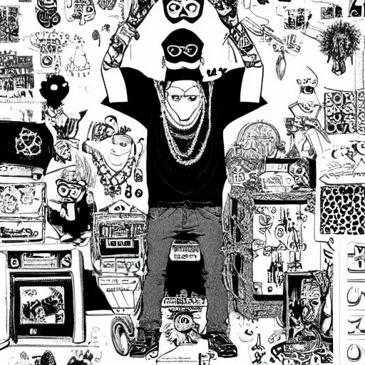 Prompt: a eccentric goth guy wearing goggles and eclectic jewelry, aesthetic!!!, by geof darrow, by jamie hewlett,