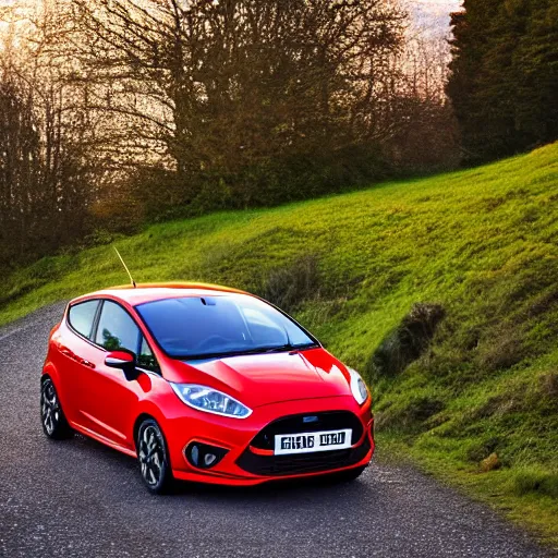 Image similar to red ford fiesta mk 6 zetec on a mountain road, award winning photograph, golden hour