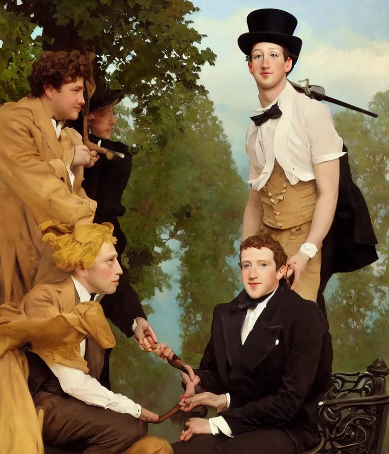 Prompt: Beautiful!! portrait of Mark Zuckerberg as an Edwardian dandy giving a hammer to Mark Zuckerberg wearing a Velvet suit and a Top Hat sitting on a park Bench at sunset painted by Alphonse Mucha and arnold böcklin and Maxfield Parrish, hyperrealistic oil painting trending on artstation 8k