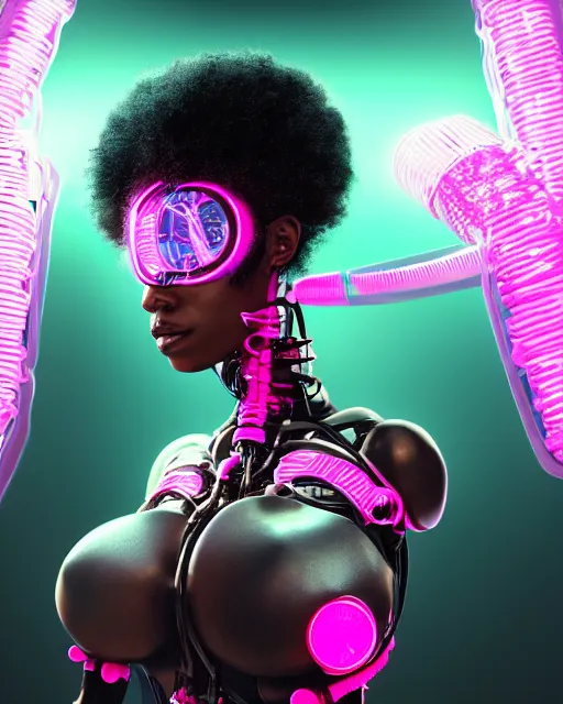 Image similar to portrait of a beautiful black woman with pink hair as a cyberpunk cyborg half robot, revealing wires and electronics, hooked - up, sci - fi, missing panels, intricate abstract upper body intricate artwork, concept art, octane render, deviantart, cinematic, key art, hyperrealism, iridescent accents, portrait photograph, nikon 3 5 mm, photograph by greg rutkowski