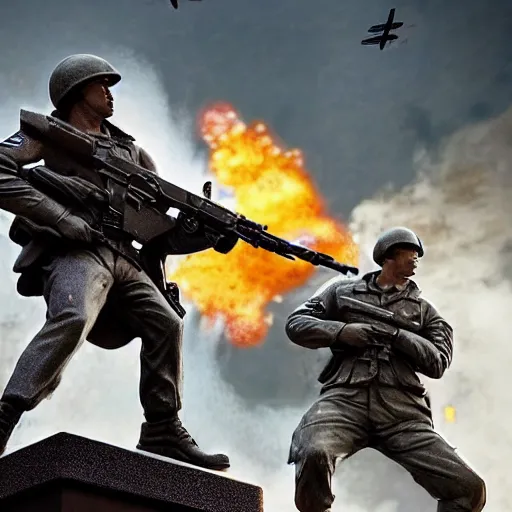 Image similar to The war between the Soviet Union and America, the action takes place in New York, far away against the background of the Statue of Liberty, a lot of soldiers and military equipment, a lot of explosions and tracer bullets, a lot of ruins, a very epic battle, The style of photography of the 80s, very detailed and detailed style
