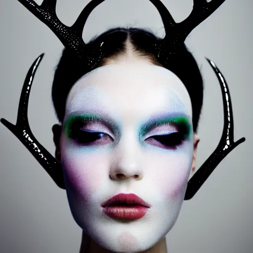 Prompt: high fashion photography of a model in neo futurism white sci - fi makup wearing antlers, transparent cloth, beautifully lit