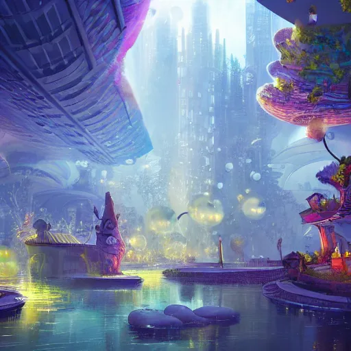 Image similar to a utopian city, filled with fauna, with bubbles floating around everywhere, dynamic lighting, fantasy concept art, trending on art station, stunning visuals, creative, cinematic, ultra detailed