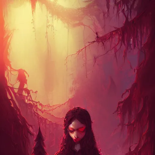 Prompt: Portrait of a vampire in a beautiful haunting world, horror, intricate, elegant, fantasy, highly detailed, digital painting, concept art, sharp focus, illustration, beautiful volumetric lighting, epic light, artstation, magic hour lighting, colorful, sunshine, springtime, art by Sylvain Sarrailh