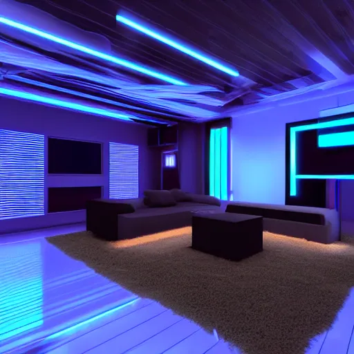 Image similar to futuristic looking living room, dark with blue neon lights, contrasted, tron style, octane render