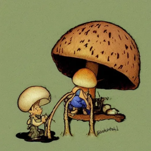 Image similar to lonely mushroom makes a friend, george kamitani, norman rockwell, dean cornwell, storybook illustration, arthur rackham, Artstation, Hyperdetailed, stylized, cel shading