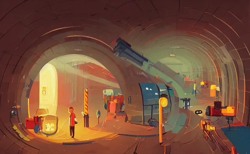 Prompt: underground metro service tunnel, james gilleard, print, game art