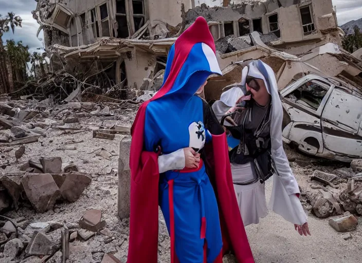 Prompt: a nun with a jojo and a mountain climber with long red hair find a blue shark plush in the post apocalyptic ruins of las vegas