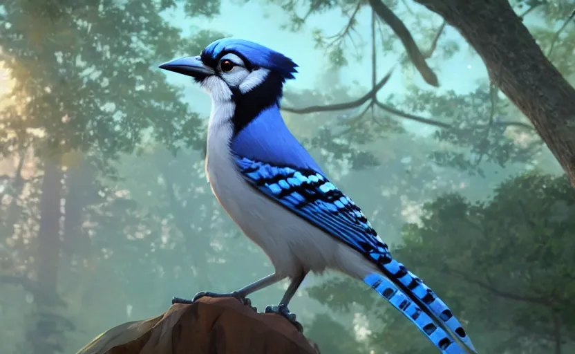 Prompt: a key shot of a Bluejay animation, medium shot, waist up, studio Ghibli, Pixar and Disney animation, sharp, Rendered in Unreal Engine 5, key art by Greg Rutkowski, Bloom, dramatic lighting, J. C. Leyendecker