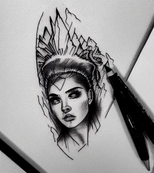 Image similar to a beautiful woman face in front of a background of beautiful mountains, tattoo design sketch, amazing blend effect, hyper - realistic, in the style of matteo pasqualin, amazing detail, black and white