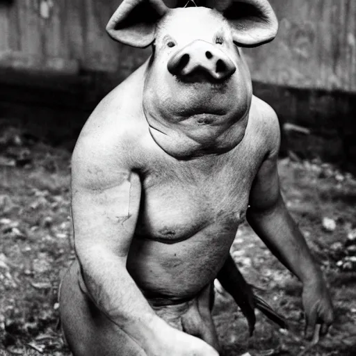 Prompt: photo of a creepy pig man