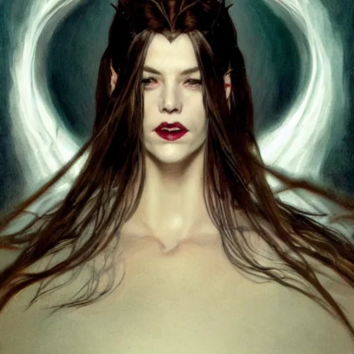 Prompt: portrait of a menacing beautiful vampire, head only, headshot, detailed and clear eyes and mouth, blinding white hair by Stanley Artgerm Lau , greg rutkowski, thomas kindkade, alphonse mucha, loish, norman rockwell, J. C. Leyendecker. hair waving in the wind, pale skin, sinister complexion, thorn crown, image bordered by thorns, thorn background. D&D, fantasy. Trending on artstation rule of thirds extremely detailed illustration hd 4k