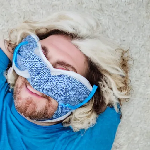 Prompt: A white guy with curled hair laying on a white carpet. He wears glasses and has a blue face mask on its neck. He wears a black shirt and has a very big chin. He is trying not to laugh while looking at the camera.