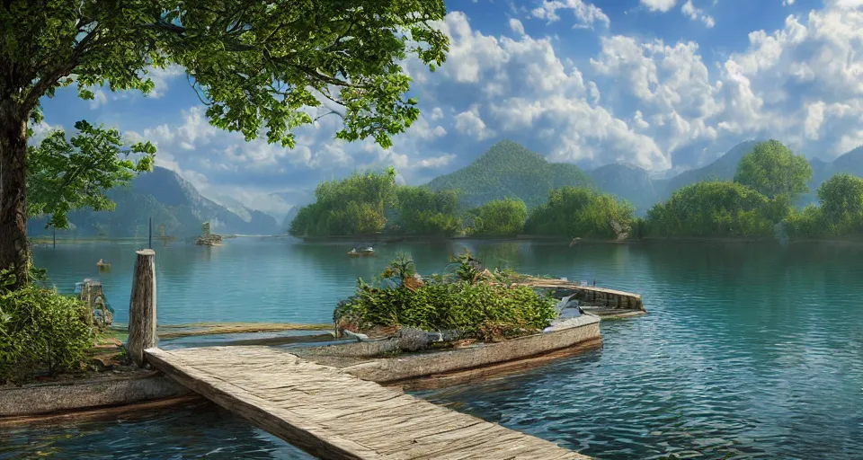 Image similar to A beautiful hyper realistic ultra detailed lifelike matte painting of traditional austrian lake neusiedl, unreal engine, deviantart, flickr, artstation, octane render, textured, colorful, extreme realistic detail, physically based rendering, pbr render, very detailed, volumetric lighting, detailed lighting, octane render, 4k, cinematic lighting, 8k resolution