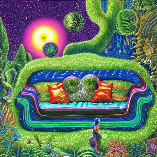 Image similar to psychedelic couch sofa in the lush forest, milky way, designed by moebius, rob gonsalves, gustav dore, giuseppe arcimboldo and carl barks, louis wain, trending on artstation, mediterranean, star, sharp focus, colorful refracted sparkles and lines, soft light, 8 k 4 k