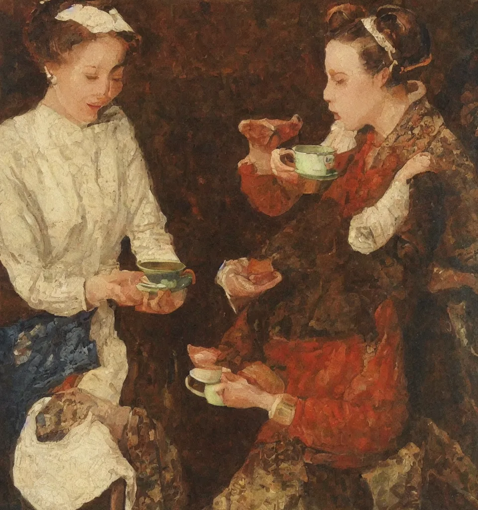 Image similar to rennaisance painting of a woman drinking tea, fine art