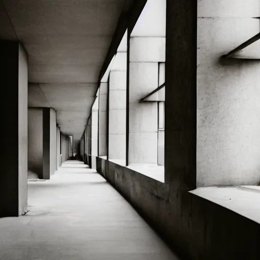 Image similar to noisy color photograph of a liminal space in the style of brutalism, wise hallways with high ceilings, minimalist, oddly familiar, cinematic, dramatic lighting, soft vintage glow