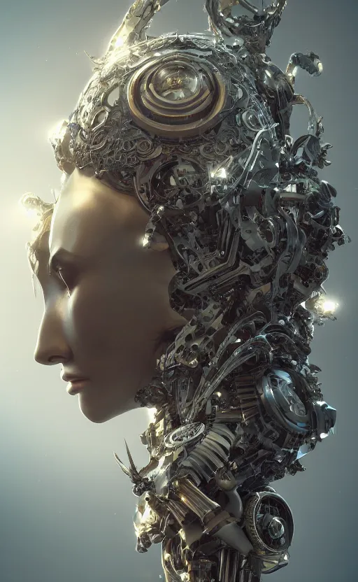 Image similar to beautiful impish biomechanical hatter incredible technological hair, masterpiece crystalline incrustations, hyper - detailed face, elegant pose, movie still, intricate, octane render, cinematic lighting, cgsociety, unreal engine,