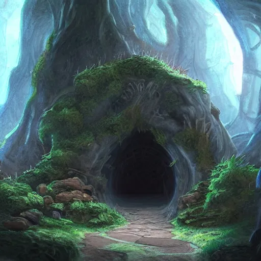 Image similar to beautiful matte painting of a fantasy cave entrance