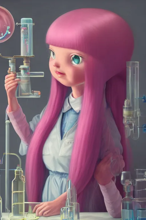 Prompt: highly detailed, industrial portrait of beautiful, cute, adult princess bubblegum from adventure time, experimenting in her science lab, wearing lab coat, bubblegum hair with long straight bangs, depth of field, illustration, concept art by nicoletta ceccoli, mark ryden, lostfish, detailed and intricate environment, 8 k resolution, hyperrealistic, octane render