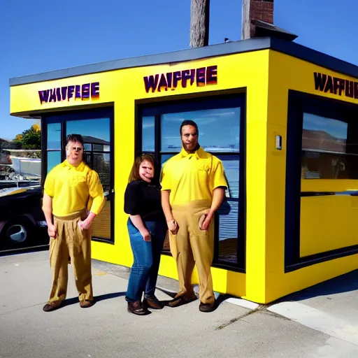 Image similar to wafflehouse employee's standing below wafflehouse sign, employees uniform is blue and black with yellow name tags