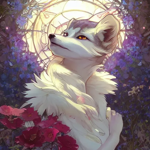 Image similar to a portrait of a spirit fox looking up as flower petals flow gently as a breeze blows them from left to right on a cloudy day with blue skies, art by artgerm and greg rutkowski and magali villeneuve and alphonse mucha and rossdraws and makoto shinkai, d & d, fantasy, highly detailed, digital painting, trending on artstation