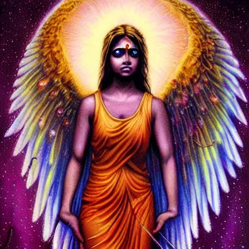 Prompt: Sri lankan girl as a winged angel covered in eyes with glowing halo, iridescent, seraphim, art by Jason Edmiston