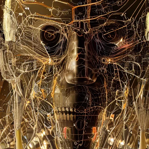 Image similar to very detailed portrait 55mm photo of a mechanical head without skin, with crystal bones and optic fiber nerves, gears in his head and cybernetic enhancements no plating. Packed with cybernetics. Has cameras for eyes. In the forest with bokeh. Ray tracing and tessellation. Very sharp high detailed 8k image