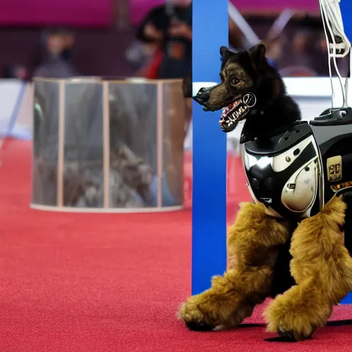 Image similar to Boston Dynamics robot dog winning the Westminster Dog Show