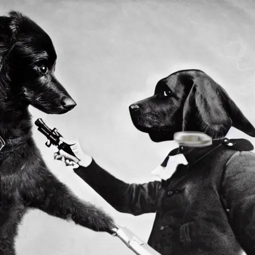 Prompt: realistic historical photography taken during war of a black fluffy dog holding a gun in the right hand wearing a plastic trench coat black and white grain