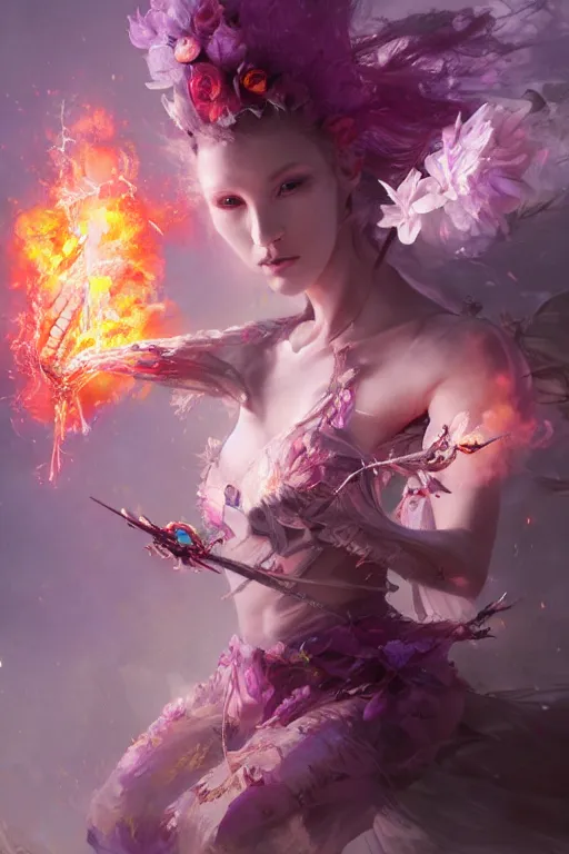 Image similar to beautiful girl necromancer, magical fairy exploding into flowers, angels, 3 d render, hyper - realistic detailed portrait, holding fire and electricity rainbow, ruan jia, wlop. scifi, fantasy, magic the gathering, hyper detailed, octane render, concept art, peter mohrbacher