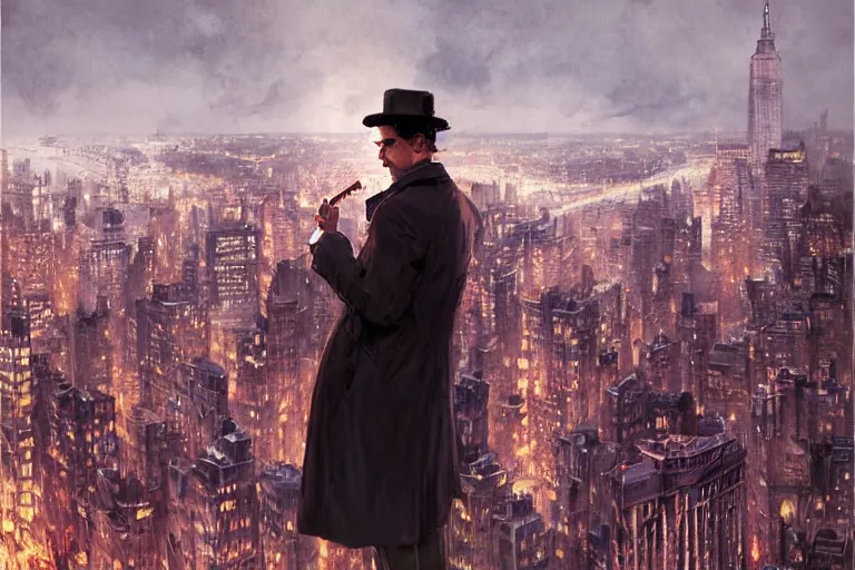 Image similar to portrait detective wearing a trench coat in profile smoking a sherlock holmes pipe on a perch facing the city at night, smooth, focus, highly detailed, hyper realistic, dramatic lighting, intricate, concept art, new york skyline, looking down, art by wlop, greg rutowski, artstation