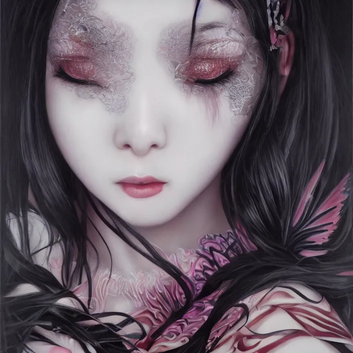 Image similar to elegant korean goth girl, latex, lolita fashion, beautiful, oil painting, sfumato, hyperrealistic, detailed, very smooth, brushwork, sharp focus, mood lighting, concept art, by junji ito, by takashi murakami, by alex grey