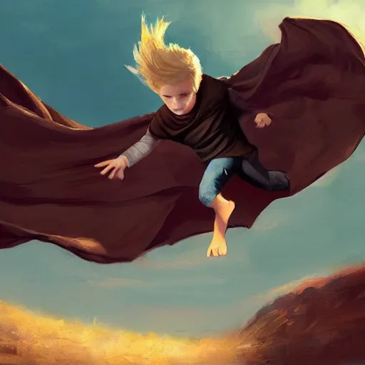 Image similar to blonde boy wearing a brown cape and flying in t pose, powerful, space background, oil painting, brush strokes, greg rutkowski